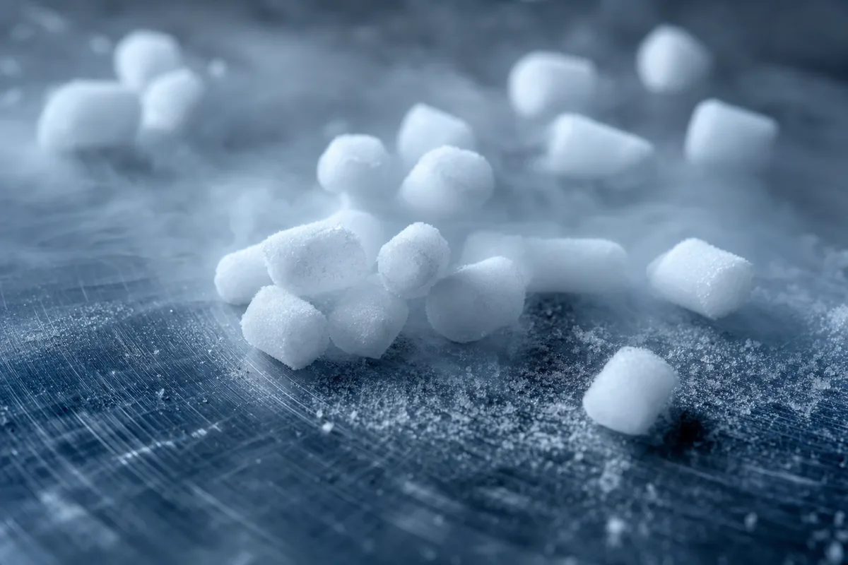 Close-up of cylindrical dry ice pellets on a steel surface with low fog.
